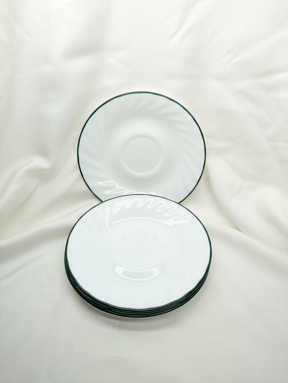 Set of 4 Corelle Callaway Ivy  Saucers Mug Plates Swirl Green Rim 6 1/4" Fairy